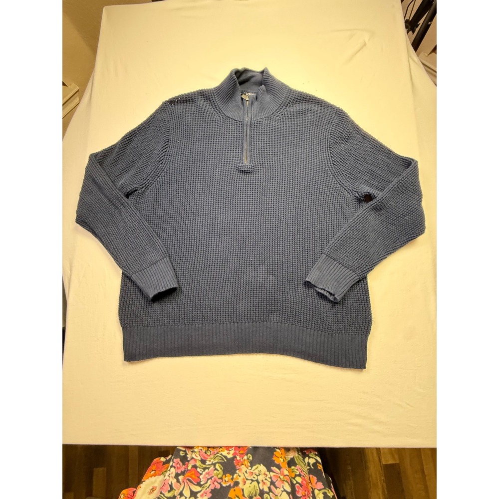 J. Crew Mens Large Navy Blue 100% Cotton Waffle Knit Quarter Zip Sweater-2665